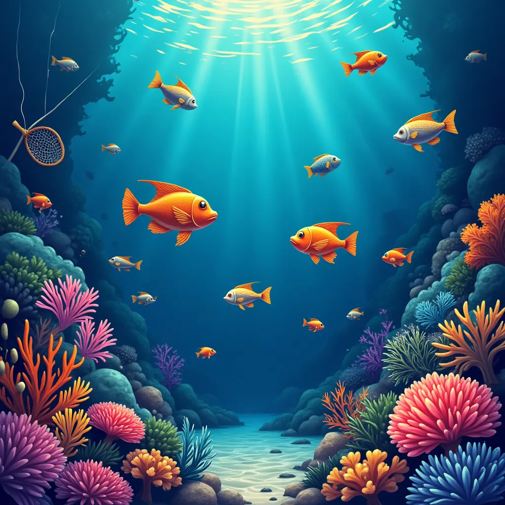 Cartoon arcade fishing scene with golden fish and treasure at duelbits